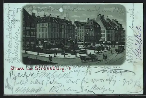 Lithographie Strassburg, Gutenberg-Platz, Pferdebahn