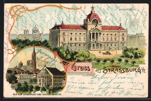 AK Strassburg, Kaiserpalast, Blick vom Palast nach Theater und Münster