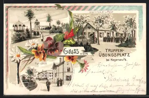 Lithographie Hagenau i. W., Truppenübungsplatz, Baracken, Pavillon, Wachtlokal & Post