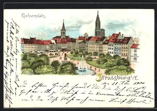 Lithographie Strassburg, Brunnen auf dem Kleberplatz