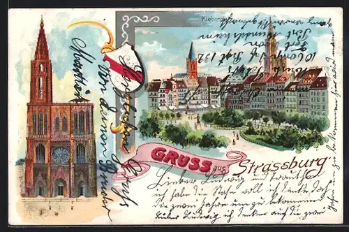 Lithographie Strassburg i. Els., Münster, Kleberplatz, Wappen