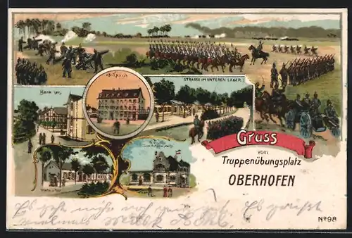 Lithographie Oberhofen, Truppenübungsplatz, Hotel Hirsch, Restaurant zum Hohenzollern
