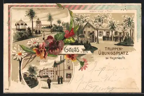 Lithographie Hagenau i. E., Truppenübungsplatz, Pavillon, Wachtlokal, Baracken