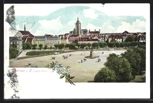 Lithographie Colmar i. Els., Blick zum Monument auf dem Rapp Platz