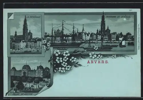 Lithographie Anvers, Palais de Justice, La Cathédrale