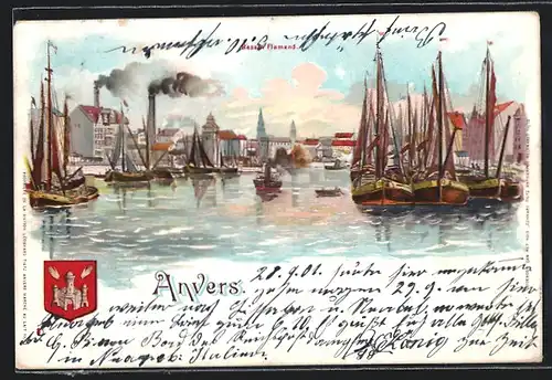 Lithographie Antwerpen, Hafenpartie mit Segelschiffen