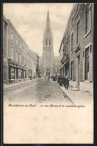 AK Marchienne-au-Pont, La rue Neuve et la nouvelle église