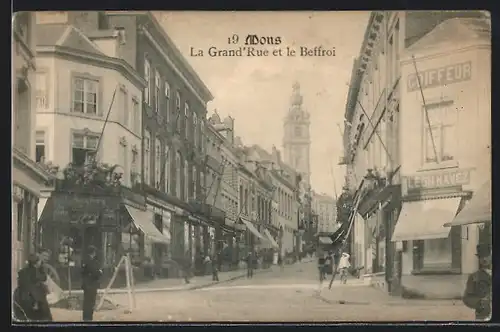AK Mons, La Grand` Rue et le Beffroi, Coiffeur Léon Navez