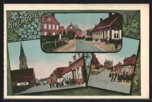 Passepartout-AK Bixchoote, Strassenpartien mit Kindergruppe und Kirche