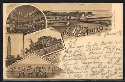 Lithographie Ostende, Le Kursaal, Nouveau Phare, Panorama