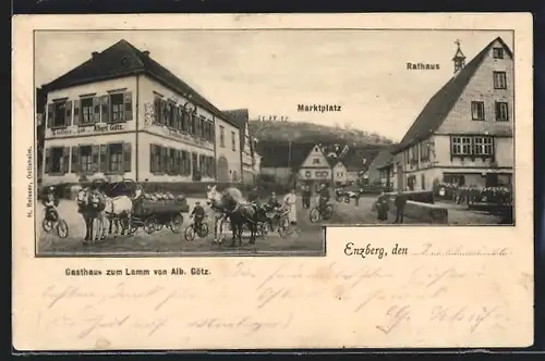 AK Enzberg, Gasthaus zum Lamm und Rathaus am Marktplatz