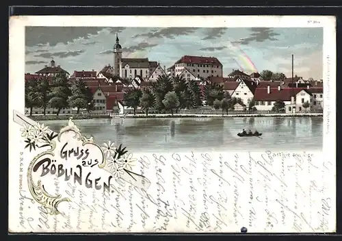 Lithographie Böblingen, Teilansicht mit Kirche vom Wasser aus
