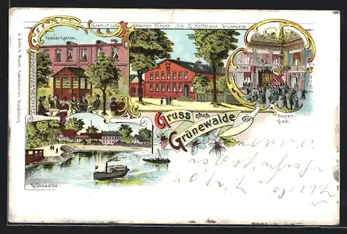 Lithographie Grünewalde, Gasthof zum braunen Hirsch, Bootspartie