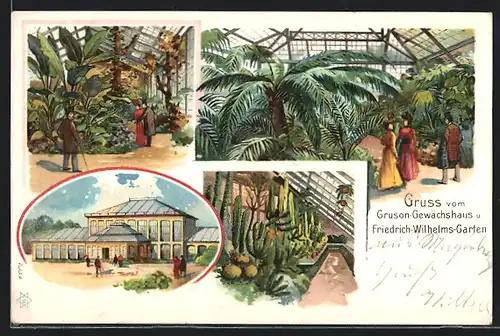 Lithographie Magdeburg, Gruson-Gewächshaus und Friedrich-Wilhelms-Garten