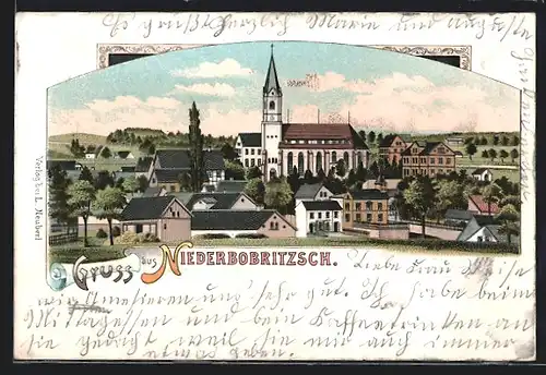 Lithographie Niederbobritzsch, Ortspartie mit Kirche