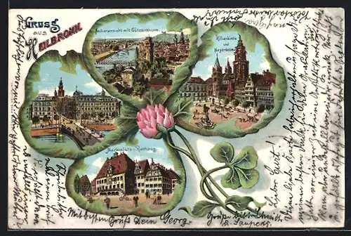 Passepartout-Lithographie Heilbronn, Marktplatz und Rathaus, Neckaransicht mit Götzenturm und Brücke im Kleeblatt