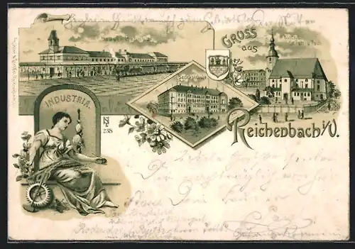 Lithographie Reichenbach i. V., Haupt-Bahnhof, Bezirksschule, Kirche St. Petri und Pauli