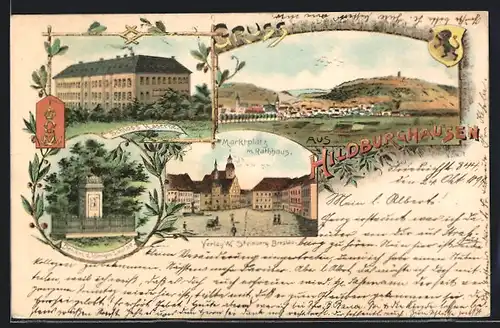 Lithographie Hildburghausen, Schloss-Kaserne, Marktplatz mit Rathaus, Denkmal der Königin Louise