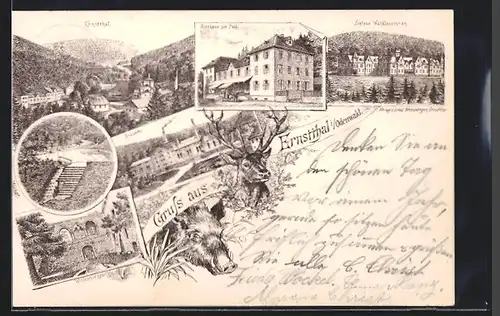 Lithographie Ernstthal i. Odenwald, Gasthaus zur Post, Brauerei, Wildenburgpartie