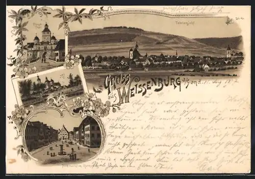 Lithographie Weissenburg a. Sand, Totalansicht, Ellinger Tor, Holzmarkt mit Rathaus