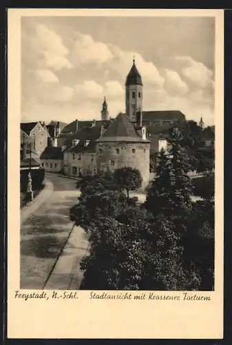 AK Freystadt, Stadtansicht mit Krossener Torturm