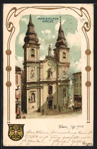 Lithographie Wien, Mariahilferkirche in goldener Rahmung