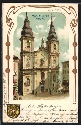Lithographie Wien, Mariahilferkirche in goldener Rahmung