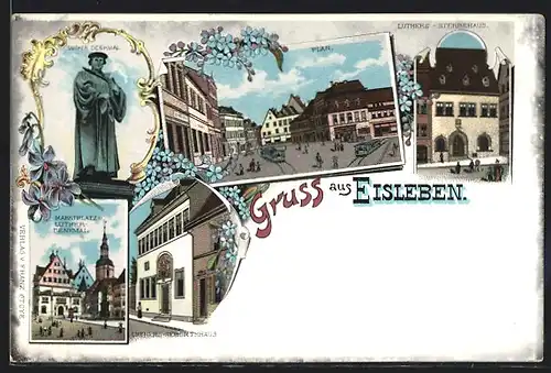 Lithographie Eisleben, Ortsansicht am Plan, Luthers Sterbe- und Geburtshaus und Luther Denkmal