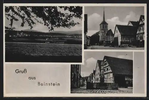 AK Beinstein, Strassenpartien mit Kirche u. Brunnen, Fernsicht der Ortschaft