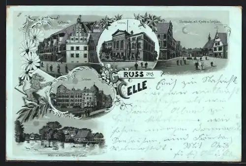 Mondschein-Lithographie Celle, Casino, Rathaus, Schloss