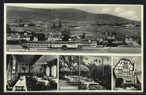 AK Geisenheim a. Rhein, Gasthaus zur Krone, Saal, Gartenrestaurant