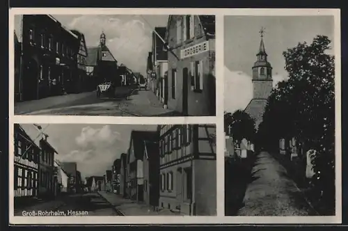 AK Gross-Rohrheim, Kirche, Teilansicht, Drogerie