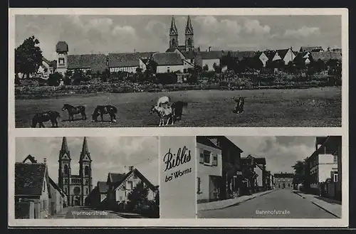 AK Worms, Bahnhofstrasse mit Lebensmittelgeschäft, Wormserstrasse mit Kirche, Ortspartie mit Pferden