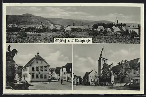 AK Mussbach a. d. Weinstrasse, Teilansicht, Kirche mit Brunnen, Strassenpartie mit Gebäudeansicht