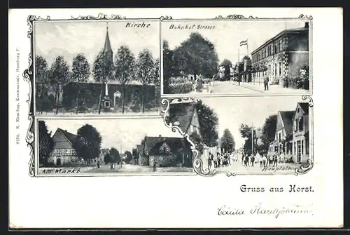 AK Horst, Bahnhof-Strasse, Hauptstrasse, Markt, Kirche