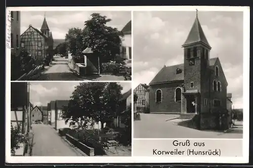 AK Korweiler / Hunsrück, Ansicht der Kirche, Strassenpartie im Ort
