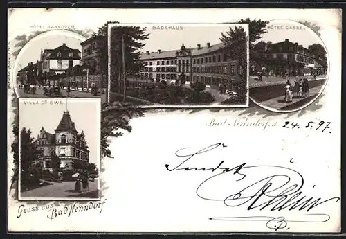Lithographie Bad Nenndorf, Hotel Hannover, Villa Dr. Ewe, Badehaus, Hotel Cassel