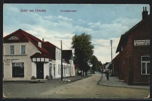 AK Zetel, Urwaldstrasse mit Gasthaus Heinrich Höfers & Kolonialwaren Diedrich Reinders