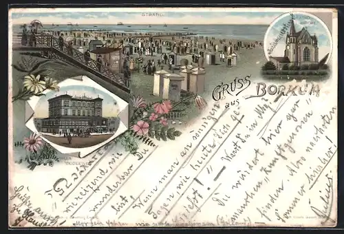 Vorläufer-Lithographie Borkum, Strand, Villa Bodeewes, Kathol. Kirche 1894