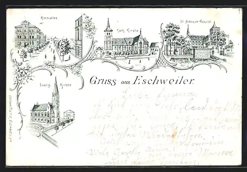 Lithographie Eschweiler, St. Antonius-Hospital, Katholische Kirche, Rosenallee