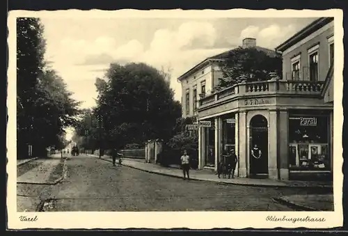 AK Varel, Oldenburgerstrasse mit Geschäft von J. F. Duhm