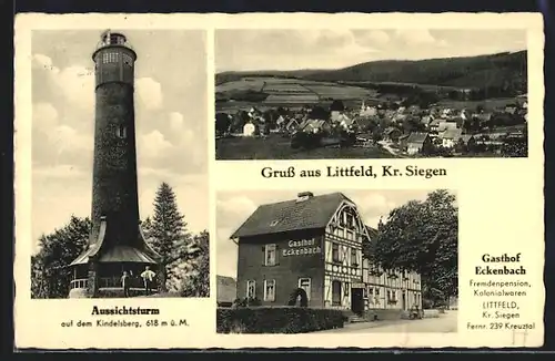 AK Littfeld /Kr. Siegen, Gsthof Eckenbach, Aussichtsturm auf dem Kindelsberg, Teilansicht