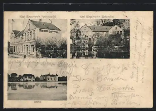 AK Glücksburg, Hotel Bürgerverein, Rückansicht, Schloss