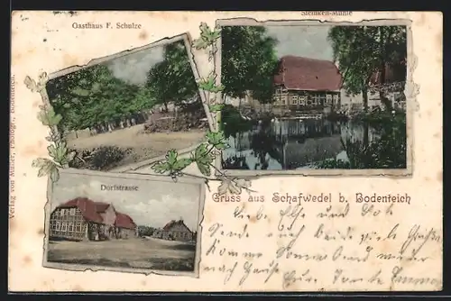 AK Schafwedel b. Bodenteich, Gasthaus F. Schulze, Stemken-Mühle, Dorfstrasse