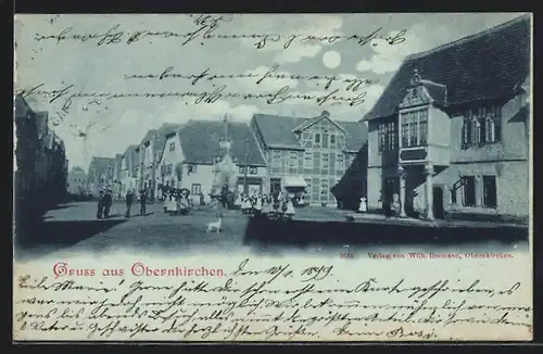 Mondschein-AK Obernkirchen, Blick über den Marktplatz