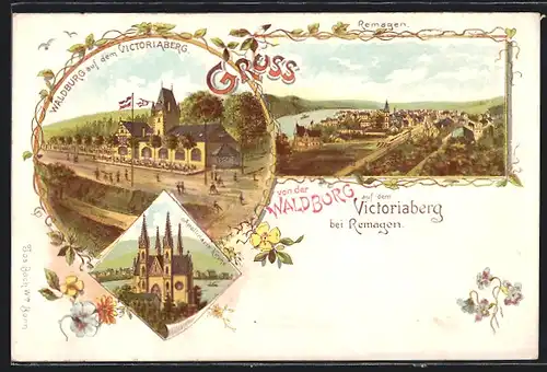 Lithographie Remagen, Gasthaus Waldburg auf dem Victoriaberg