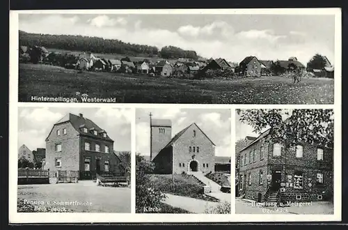 AK Hintermeilingen i. Westerwald, Pension Beck-Jeuck, Kirche, Handlung und Metzgerei