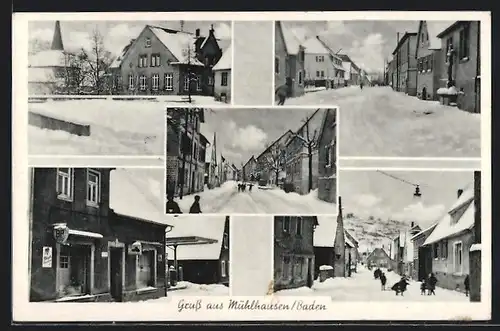 AK Mühlhausen /Baden, Kaufhaus Wilhelm Pfeiffer, Ortsansichten im Schnee