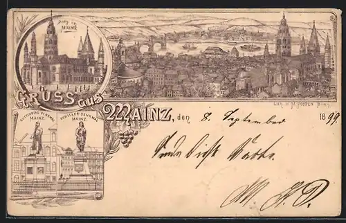 Lithographie Mainz, Dom, Guttenberg-Denkmal, Schiller-Denkmal