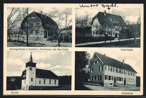 AK Kälberbronn, Gasthaus Zum Schwanen, Villa Ziefle, Schule, Kirche